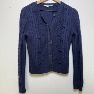 Boden Women Cotton Preppy Cable Bobble Knit Cardigan Sweater Blue Velvet Academi